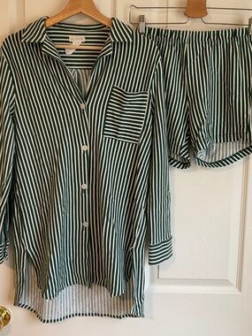 Red Land Cotton green white stripe pajama set S American grown and made